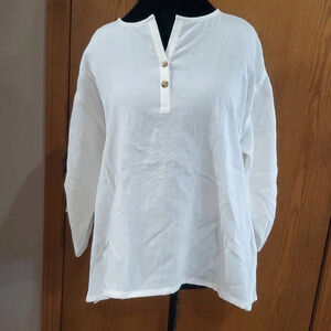 Fridaze linen avant-garde tunic button detail long sleeve top off white